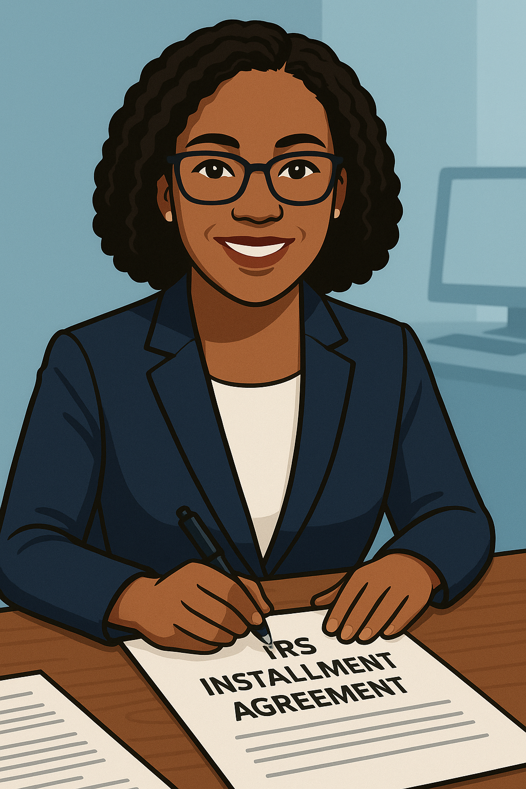 A woman dressed in a navy-blue suit with a white shirt sitting at a desk explaining an Installment Agreement.