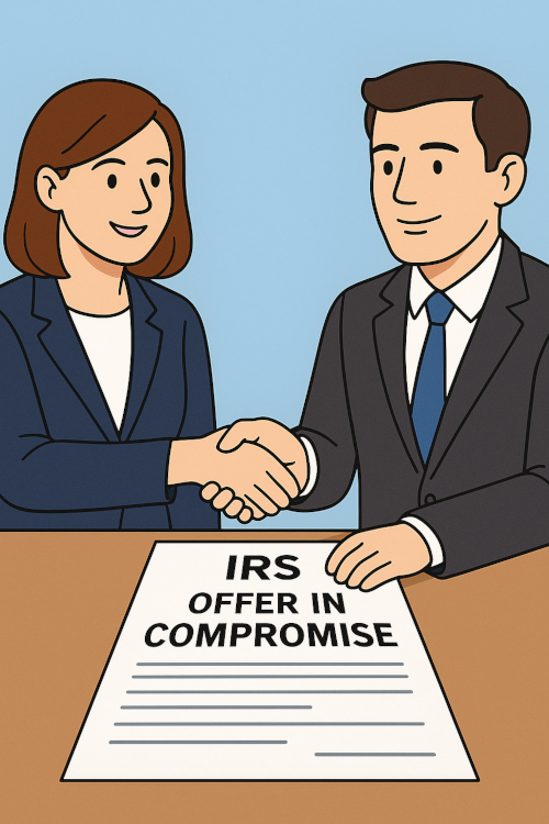 A man and woman shaking hands in agreement over the IRS Offer in Compromise.